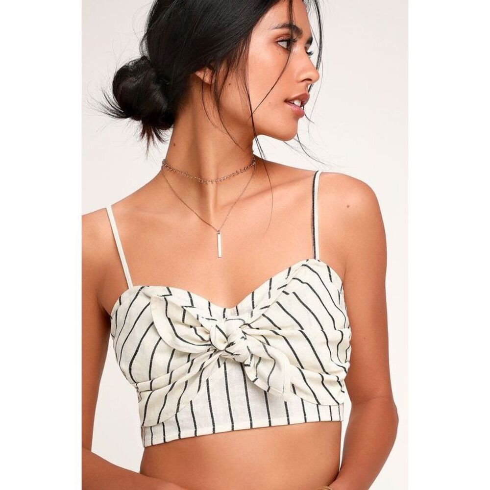 Lulus Fairlyn Ivory Striped Tie-front Crop Top White - Size M